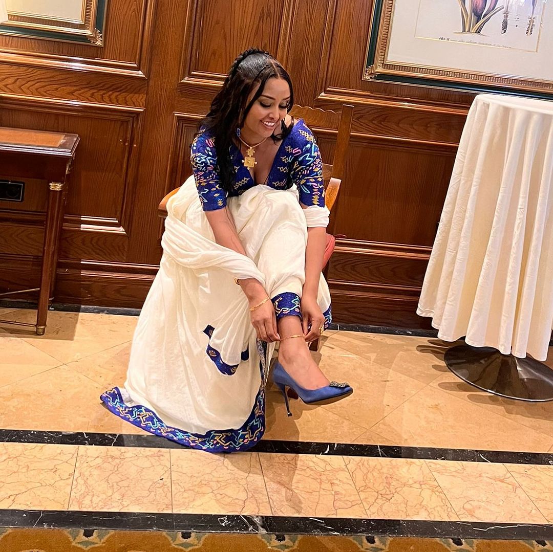 Breathtaking Blue Traditional Ethiopian Dress: with Colorful Handmade Detailing Habesha Dress Beautiful Habesha Kemis