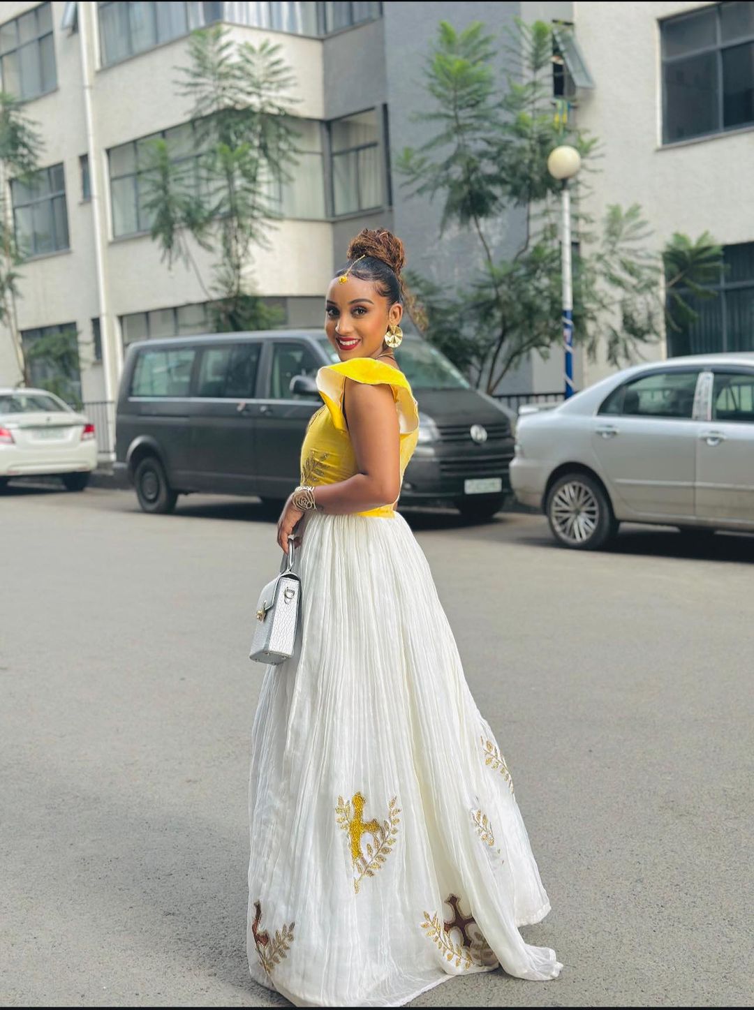 Vivid Yellow Habesha Dress: with Shimmering Cross Detailing Traditional Ethiopian Dress Embroidery Beautiful Habesha Kemis
