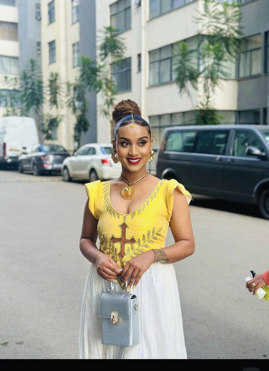 Vivid Yellow Habesha Dress: with Shimmering Cross Detailing Traditional Ethiopian Dress Embroidery Beautiful Habesha Kemis