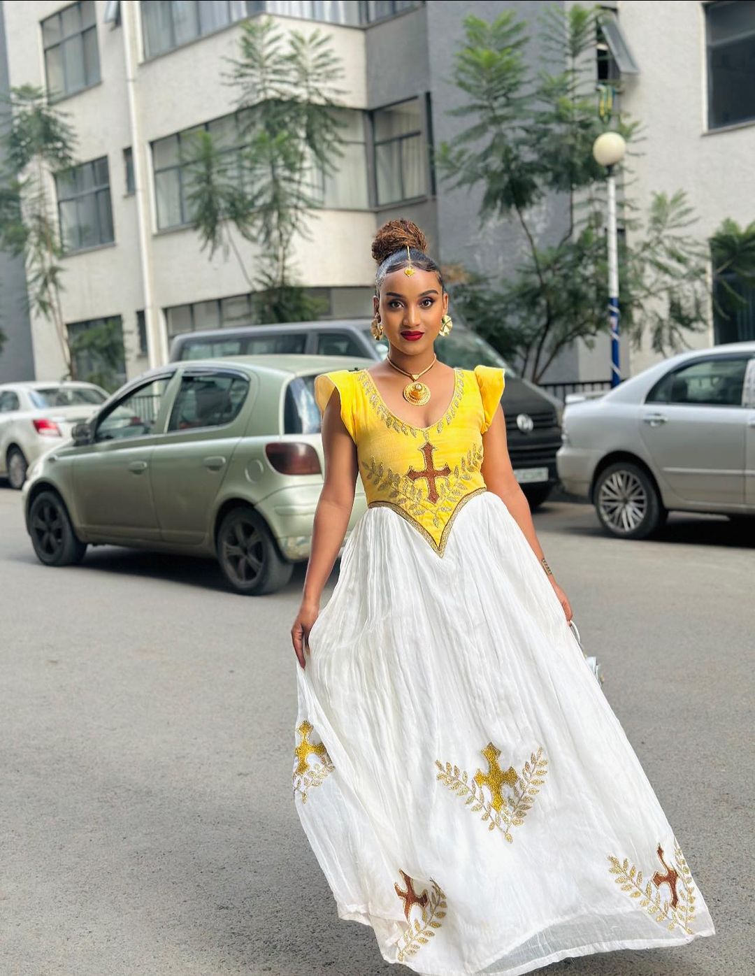 Vivid Yellow Habesha Dress: with Shimmering Cross Detailing Traditional Ethiopian Dress Embroidery Beautiful Habesha Kemis