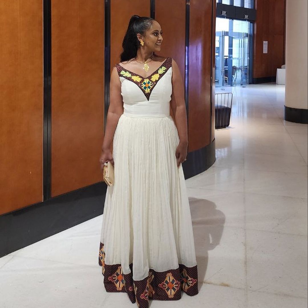 Stunning Sleeveless Brown Traditional Ethiopian Dress: with Colorful Diamond Shaped Ornaments Habesha Dress Elegant Habesha Kemis