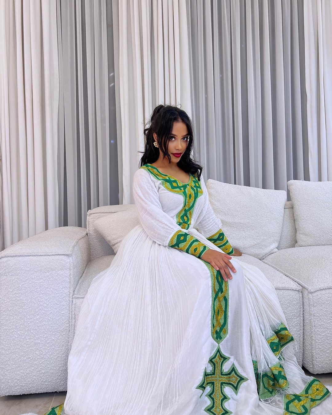 Classic Handwoven Green Habesha Dress: Simple Look with Traditional Ethiopian Dress for Cultural Celebrations Habesha Kemis