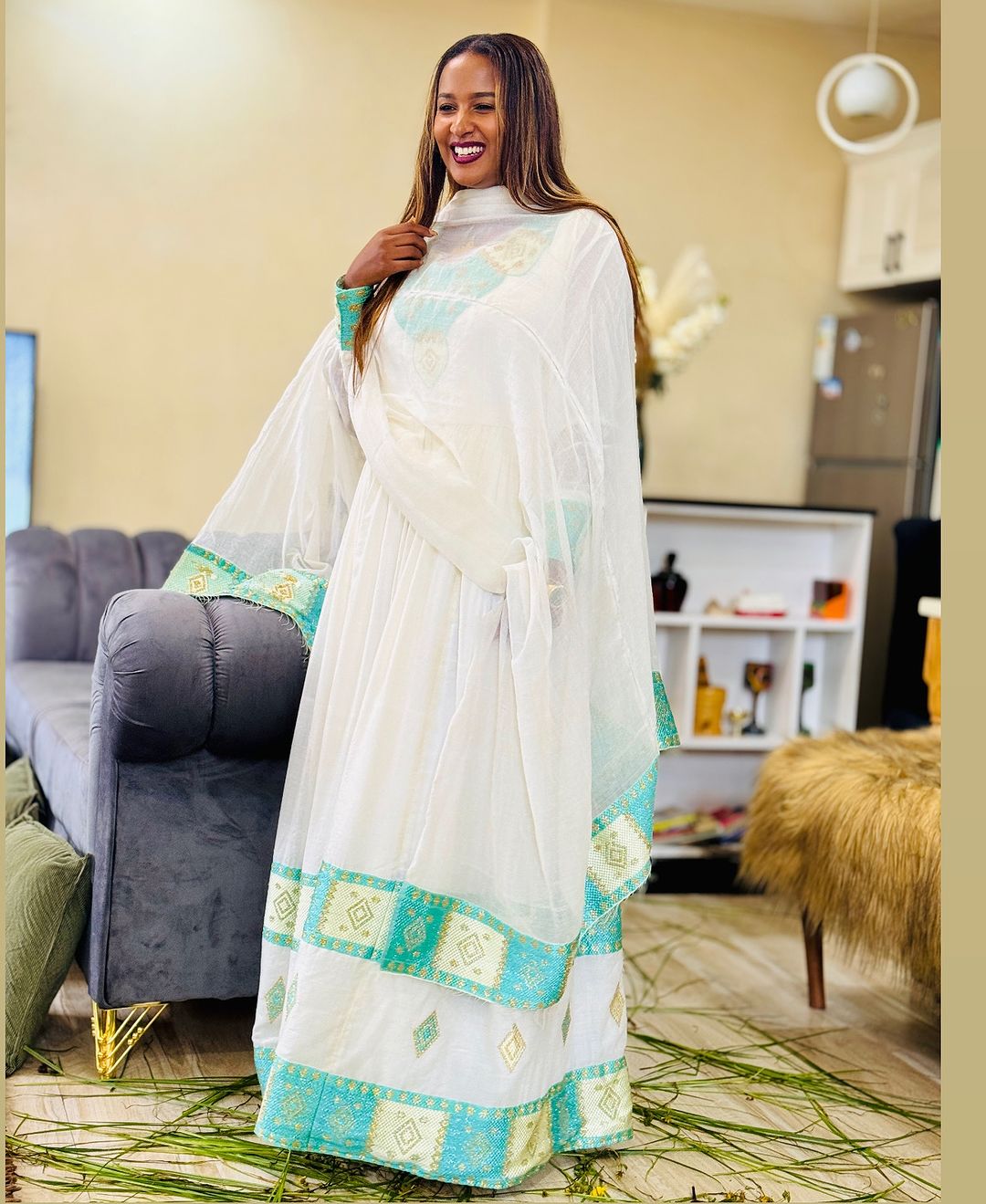 Refreshing Light Green Traditional Ethiopian Dress: with Yellow Golden Geometric Adornments Habesha Dress Elegant Habesha Kemis