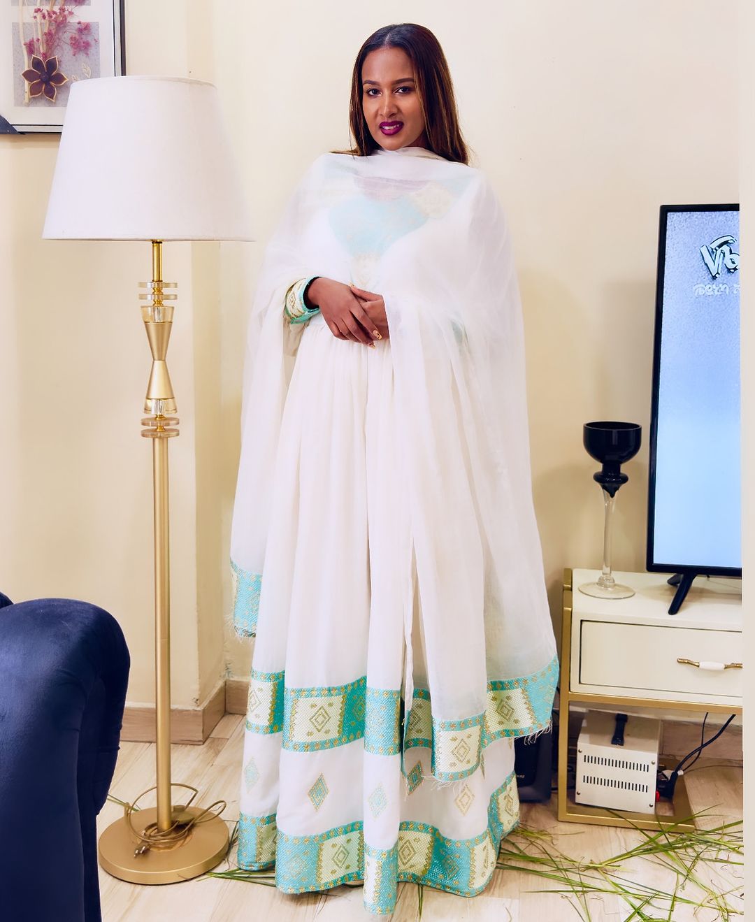 Refreshing Light Green Traditional Ethiopian Dress: with Yellow Golden Geometric Adornments Habesha Dress Elegant Habesha Kemis