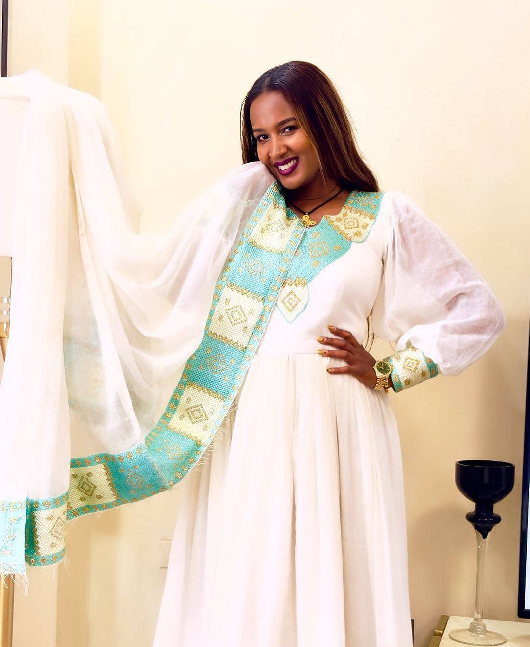 Refreshing Light Green Traditional Ethiopian Dress: with Yellow Golden Geometric Adornments Habesha Dress Elegant Habesha Kemis