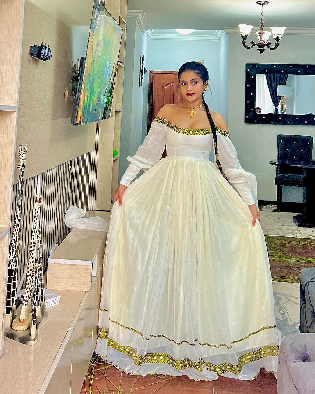 Shimmering Off Shoulder Habesha Dress: with Handmade Thin Adornments Traditional Ethiopian Dress Modern Habesha Kemis