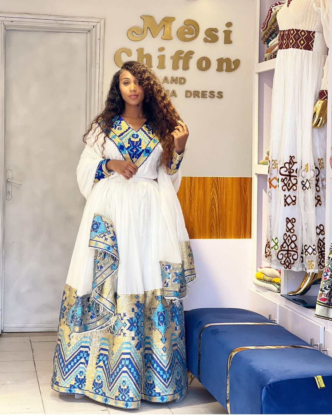 Magical Blue Traditional Ethiopian Dress: with Geometrical Golden Adornments Habesha Dress Stunning Habesha Kemis