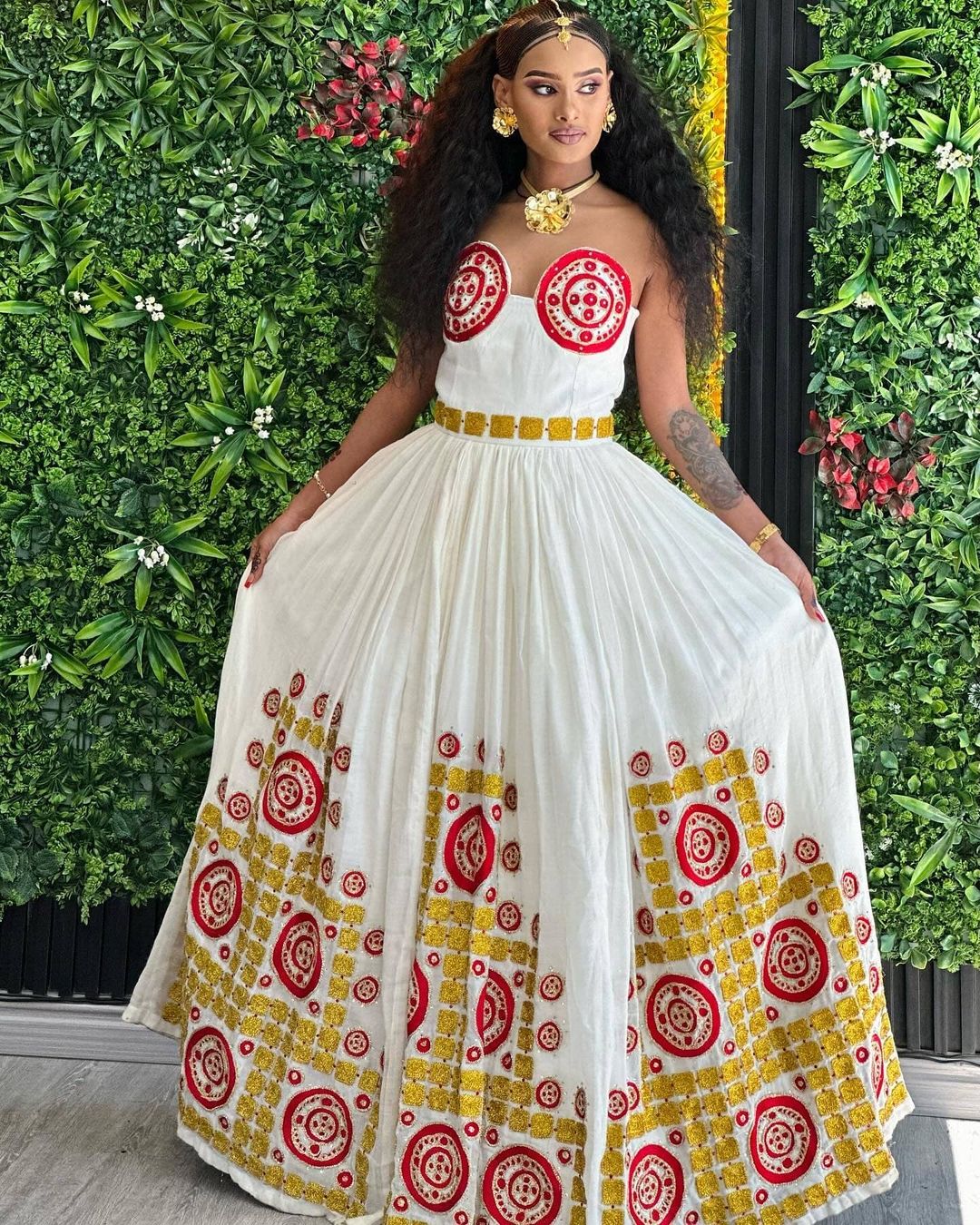 Breathtaking Red Strapless Ethiopian Traditional Dress: with Modern Circular Embroidery Eritrean Clothing Elegant Habesha Kemis