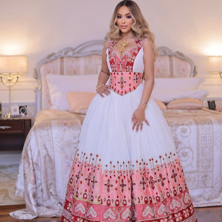 Pink Based Multicolored Eritrean Clothing: with Cross Adornments Ethiopian Traditional Dress Elegant Ethiopian Wedding Dress