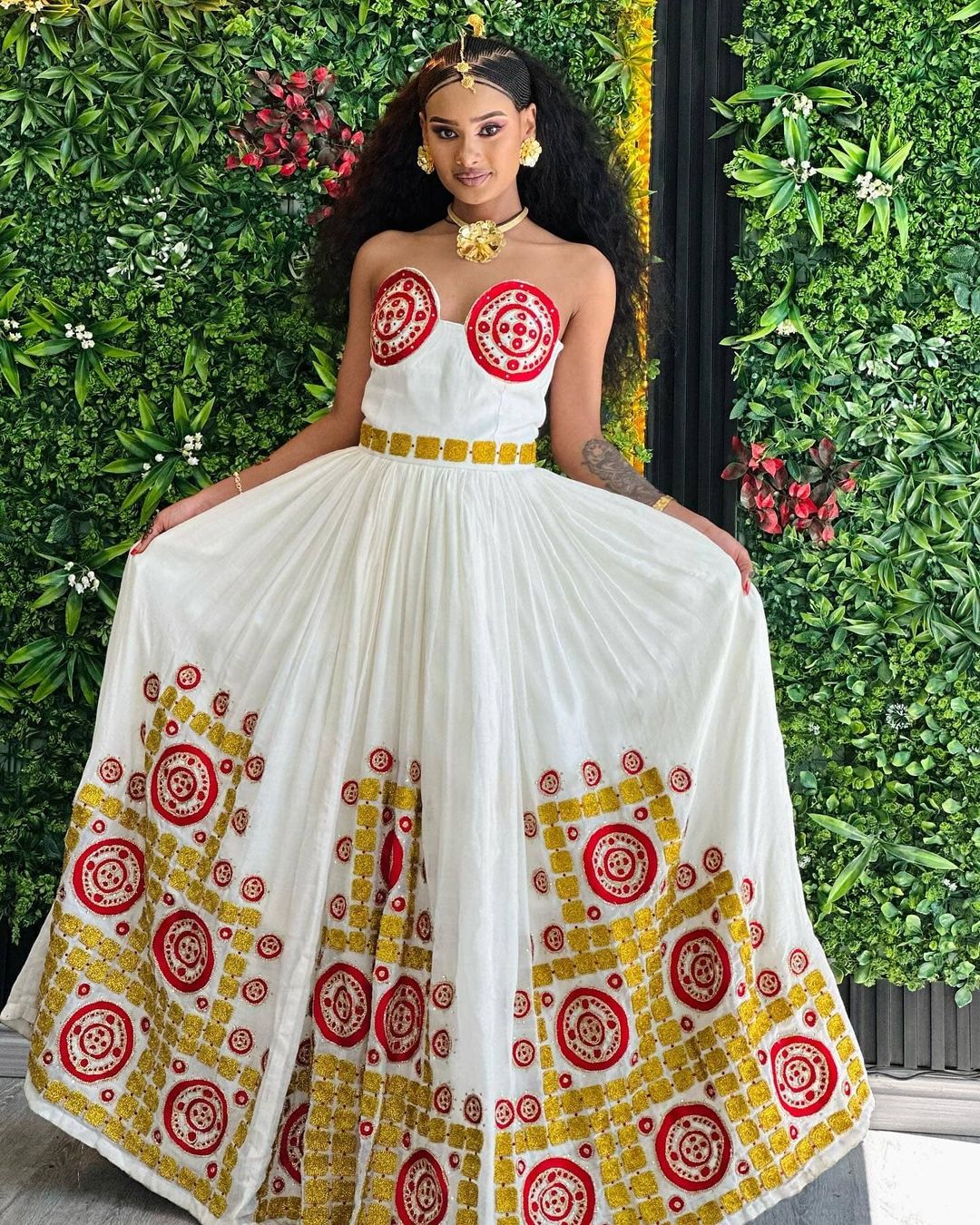 Breathtaking Red Strapless Ethiopian Traditional Dress