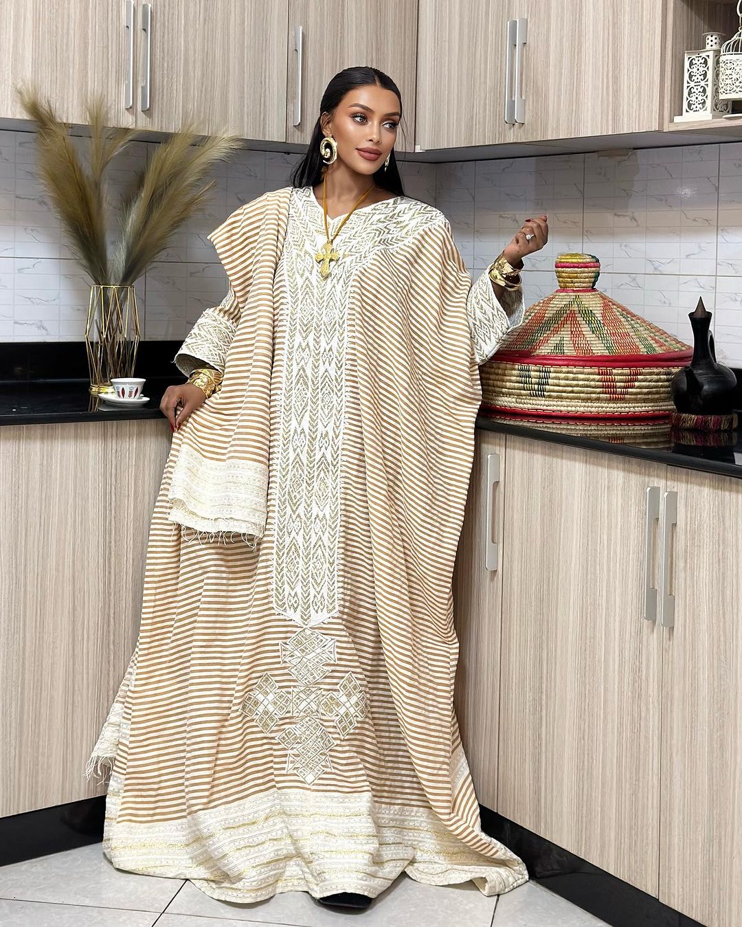 Light Beige Ethiopian Traditional Dress: Simple Yet Beautiful Eritrean Clothing for Church and Cultural Celebrations Habesha Kemis