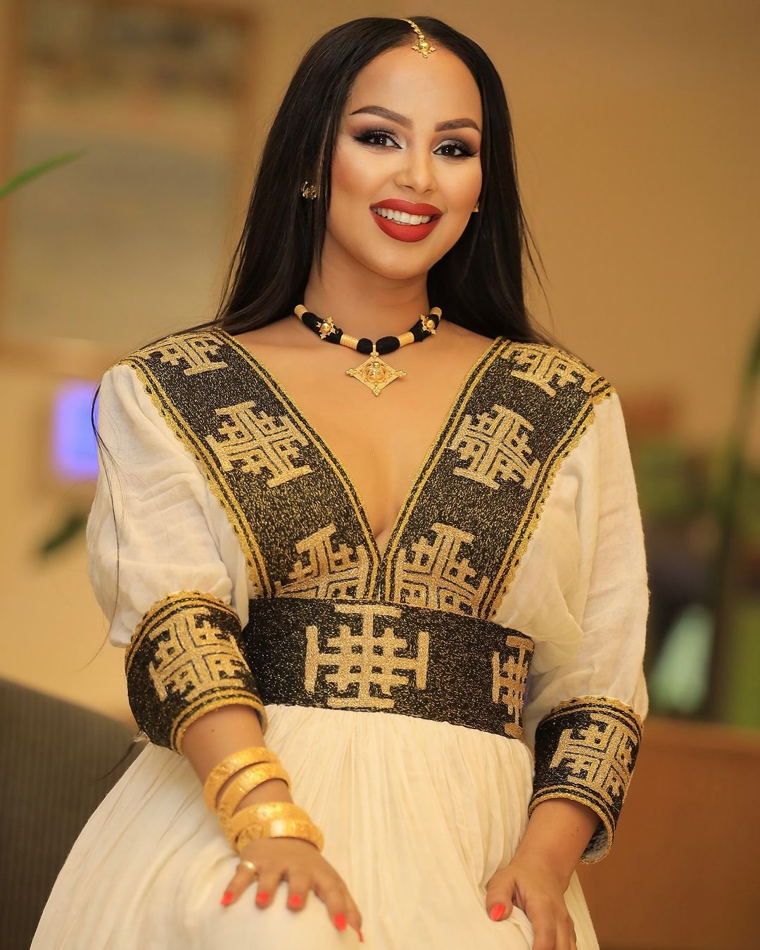 Golden and Black Beauty on Traditional Ethiopian Dress Closeup