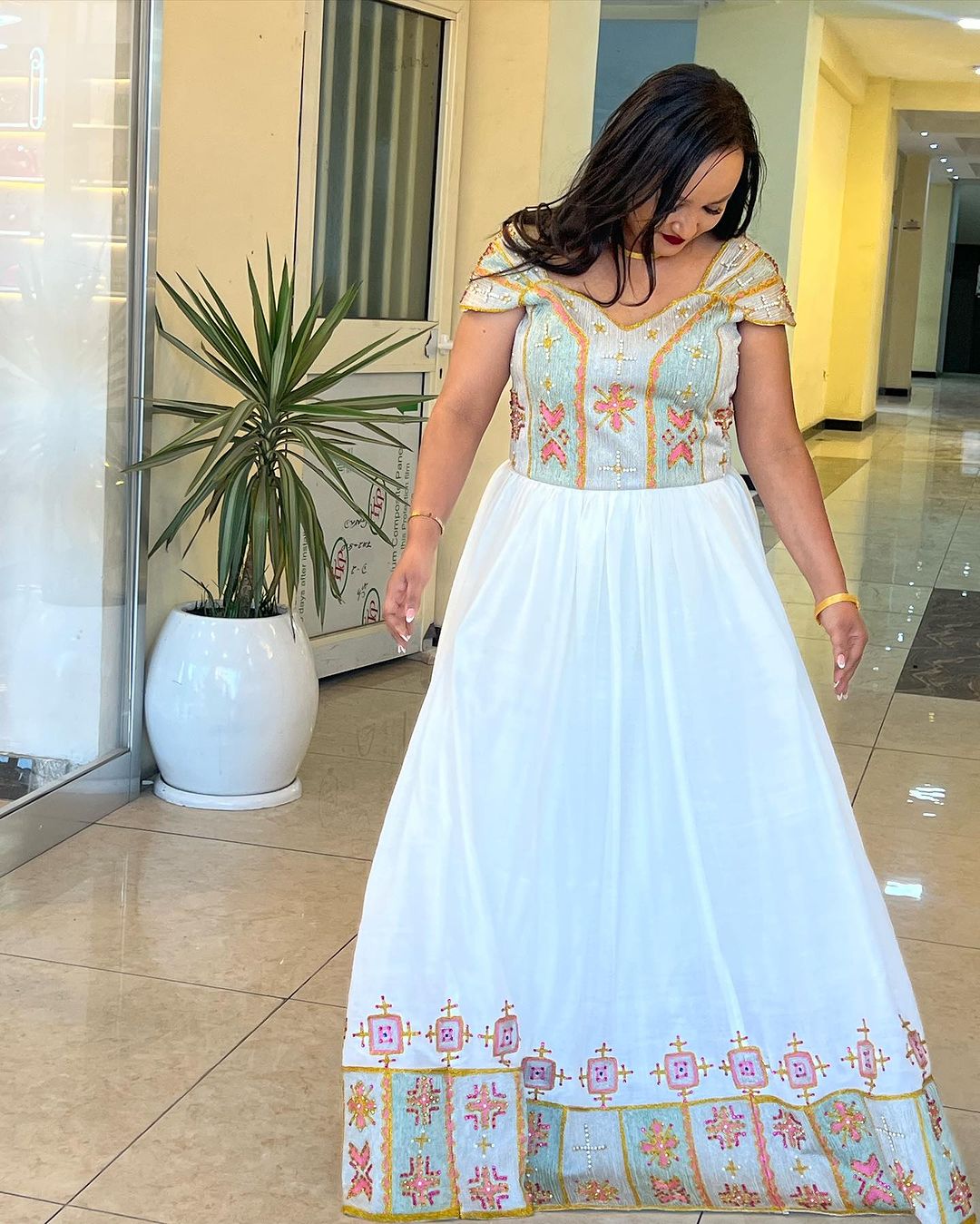 Magnificent Red Patterned Habesha Dress: Stylish Shoulder Off Ethiopian Traditional Dress Modern Habesha Wedding Dress