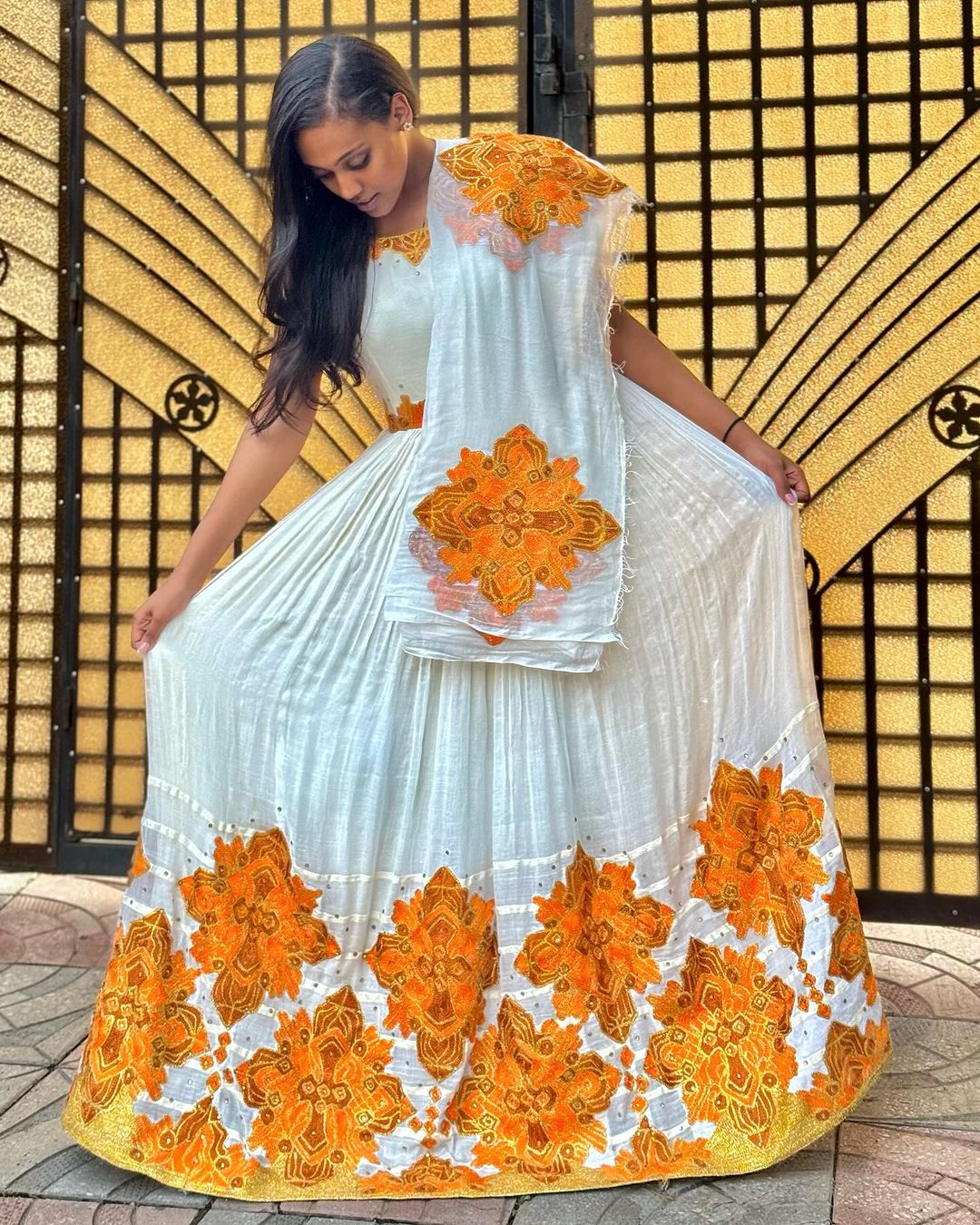 Elegant Orange Traditional Ethiopian Dress: with Diamond Shaped Embroidery Habesha Dress for Church and Holidays Habesha Kemis
