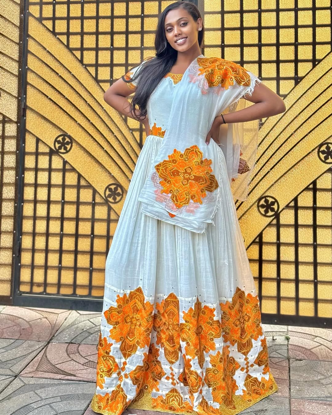 Elegant Orange Traditional Ethiopian Dress