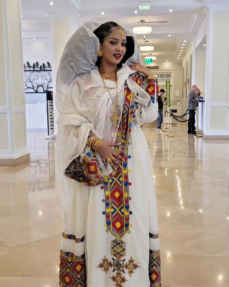 Radiant Multicolored Ethiopian Traditional Dress: with Colorful Hemline Eritrean Clothing Eye Catching Habesha Kemis