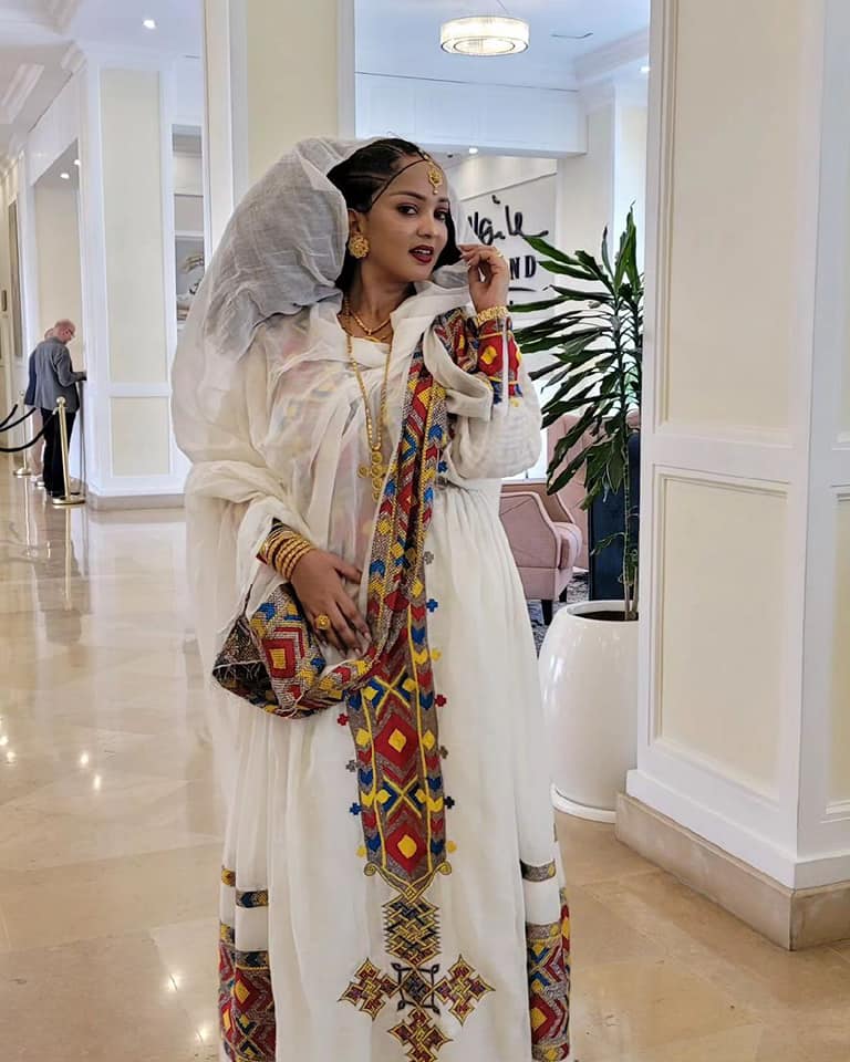 Radiant Multicolored Ethiopian Traditional Dress: with Colorful Hemline Eritrean Clothing Eye Catching Habesha Kemis