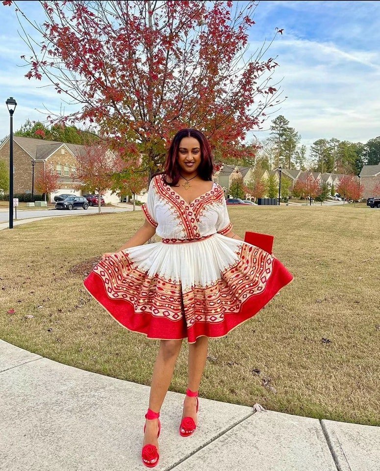 Vibrant Red Ethiopian Traditional Dress: Modern Mini Habesha Dress for Graduation, Birthdays or Other Grand Events Habesha Kemis XS Vibrant Red Ethiopian Traditional Dress: Modern Mini Habesha Dress for Graduation, Birthdays or Other Grand Events Habesha Kemis XS