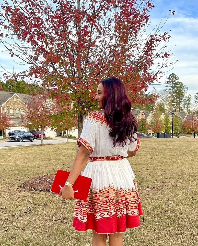 Vibrant Red Ethiopian Traditional Dress: Modern Mini Habesha Dress for Graduation, Birthdays or Other Grand Events Habesha Kemis