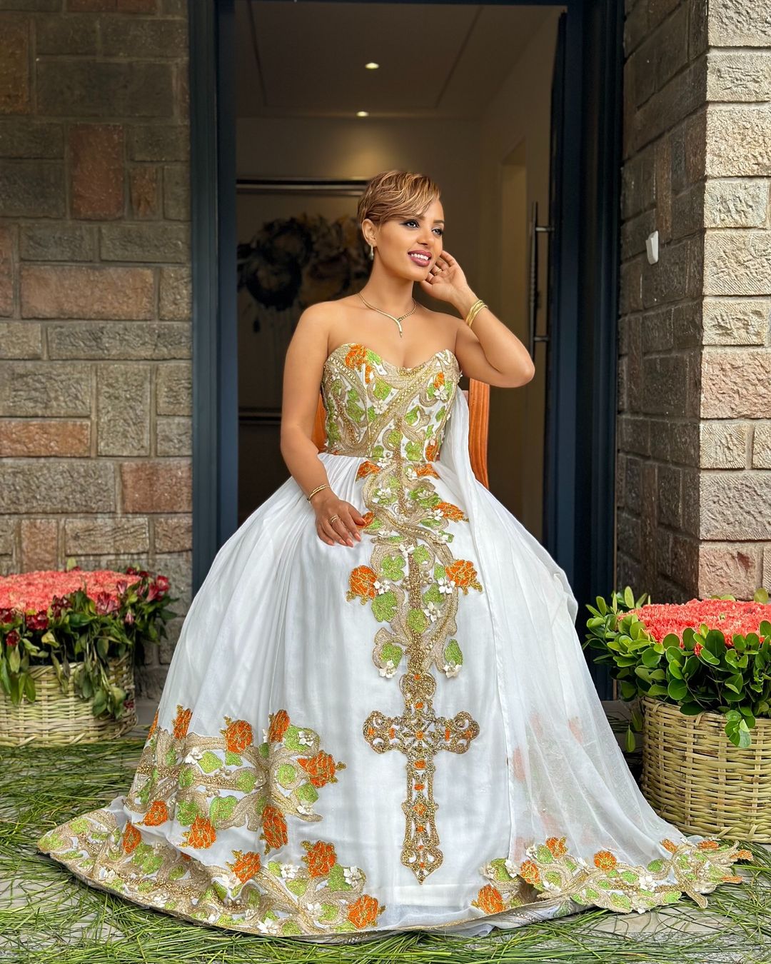 Glamourous Green with Orange Ethiopian Traditional Dress: Handcrafted Flowery and Cross Embroidery on Habesha Dress Beautiful Ethiopian Wedding Dress Glamourous Green with Orange Ethiopian Traditional Dress: Handcrafted Flowery and Cross Embroidery on Habesha Dress Beautiful Ethiopian Wedding Dress
