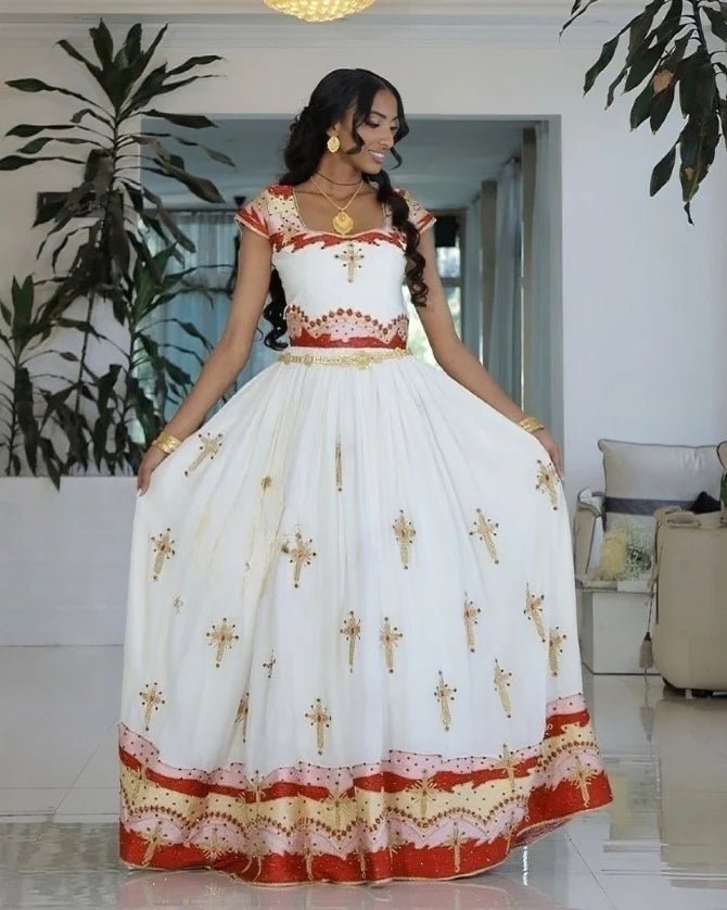 Elegant Red Traditional Ethiopian Dress: Golden Shimmering Details on Habesha Dress for Grand Cultural Festivals Habesha Kemis XL Elegant Red Traditional Ethiopian Dress: Golden Shimmering Details on Habesha Dress for Grand Cultural Festivals Habesha Kemis XL