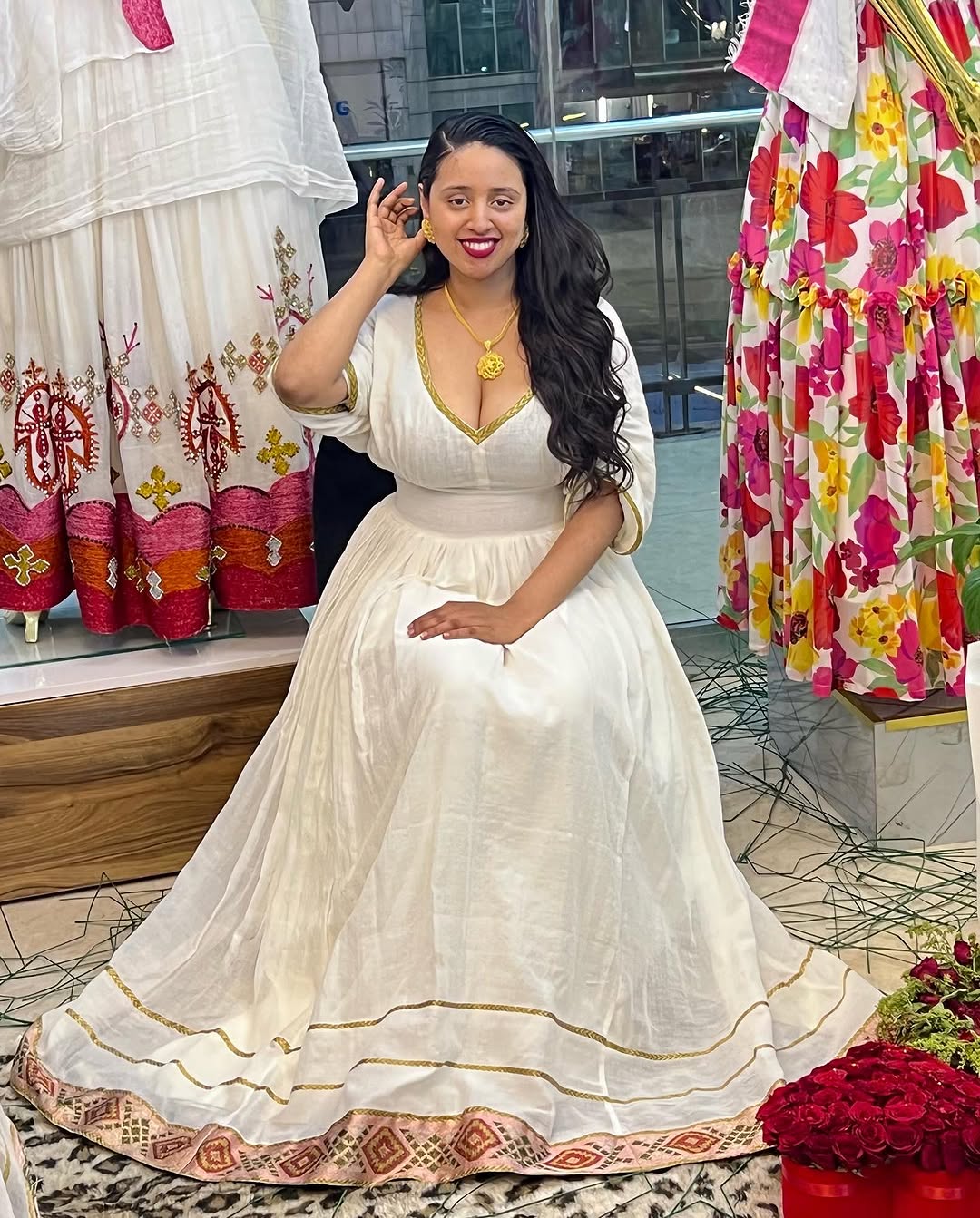 Draping White Traditional Ethiopian Dress