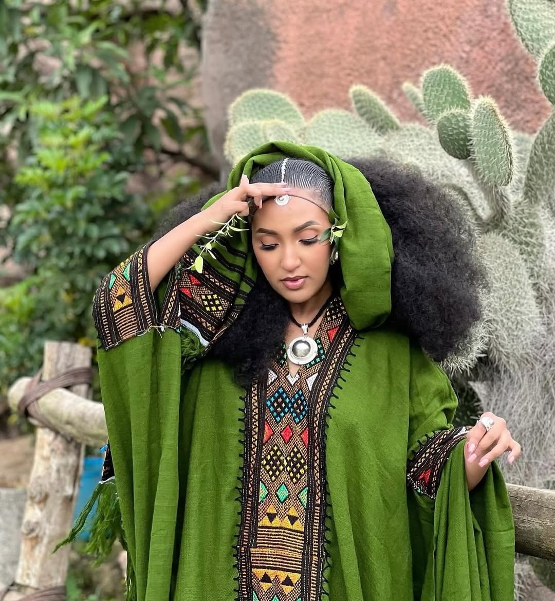 Enchanting Green Traditional Ethiopian Dress Closeup