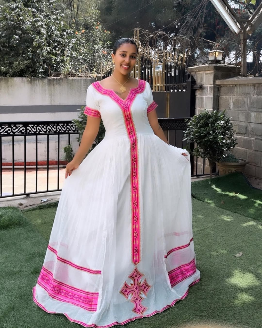 Adorable Pink Traditional Ethiopia Dress: Modest Look with Habesha Dress for Church and Cultural Celebrations Eritrean Clothing