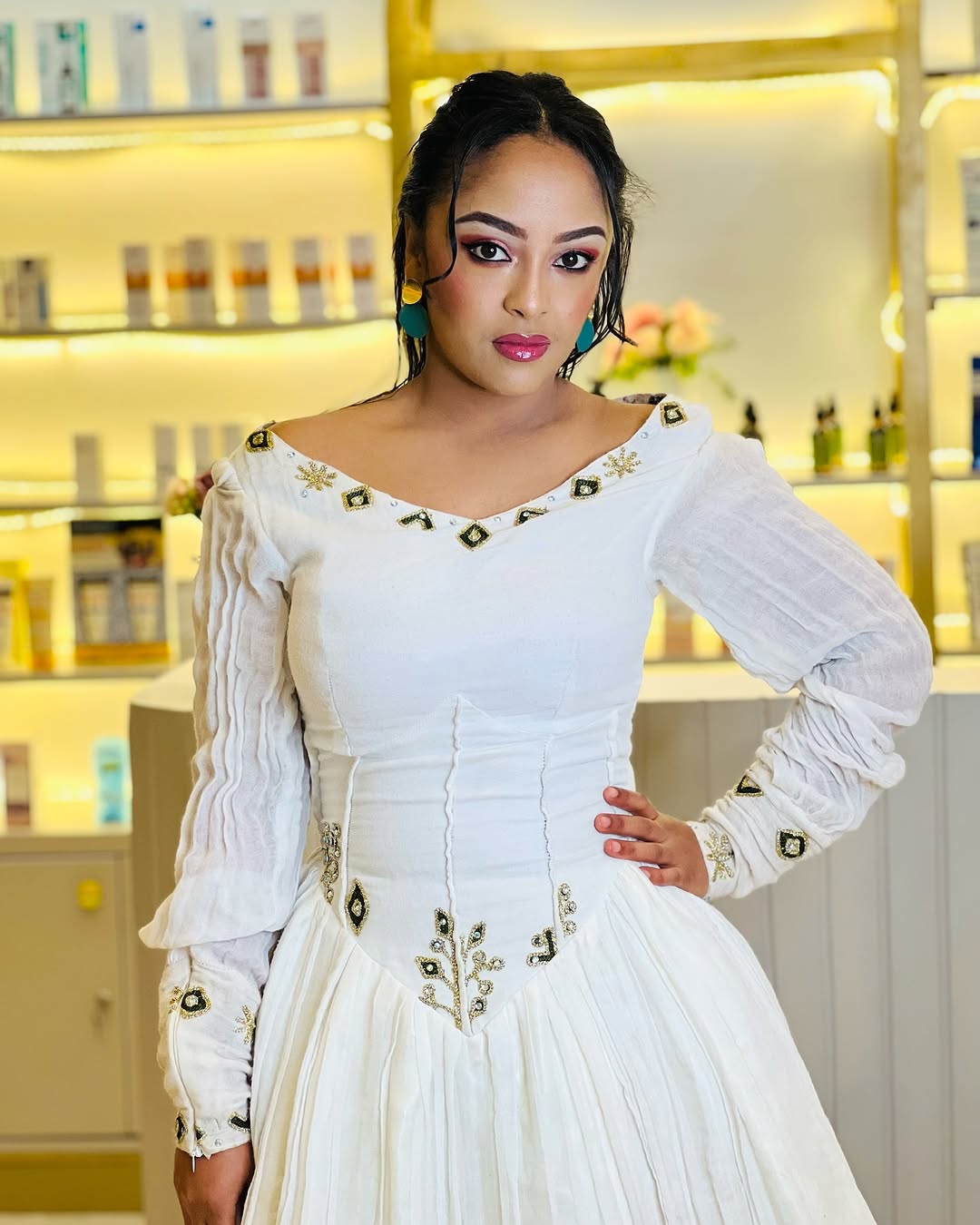 Classic Golden with Black Habesha Dress Closeup