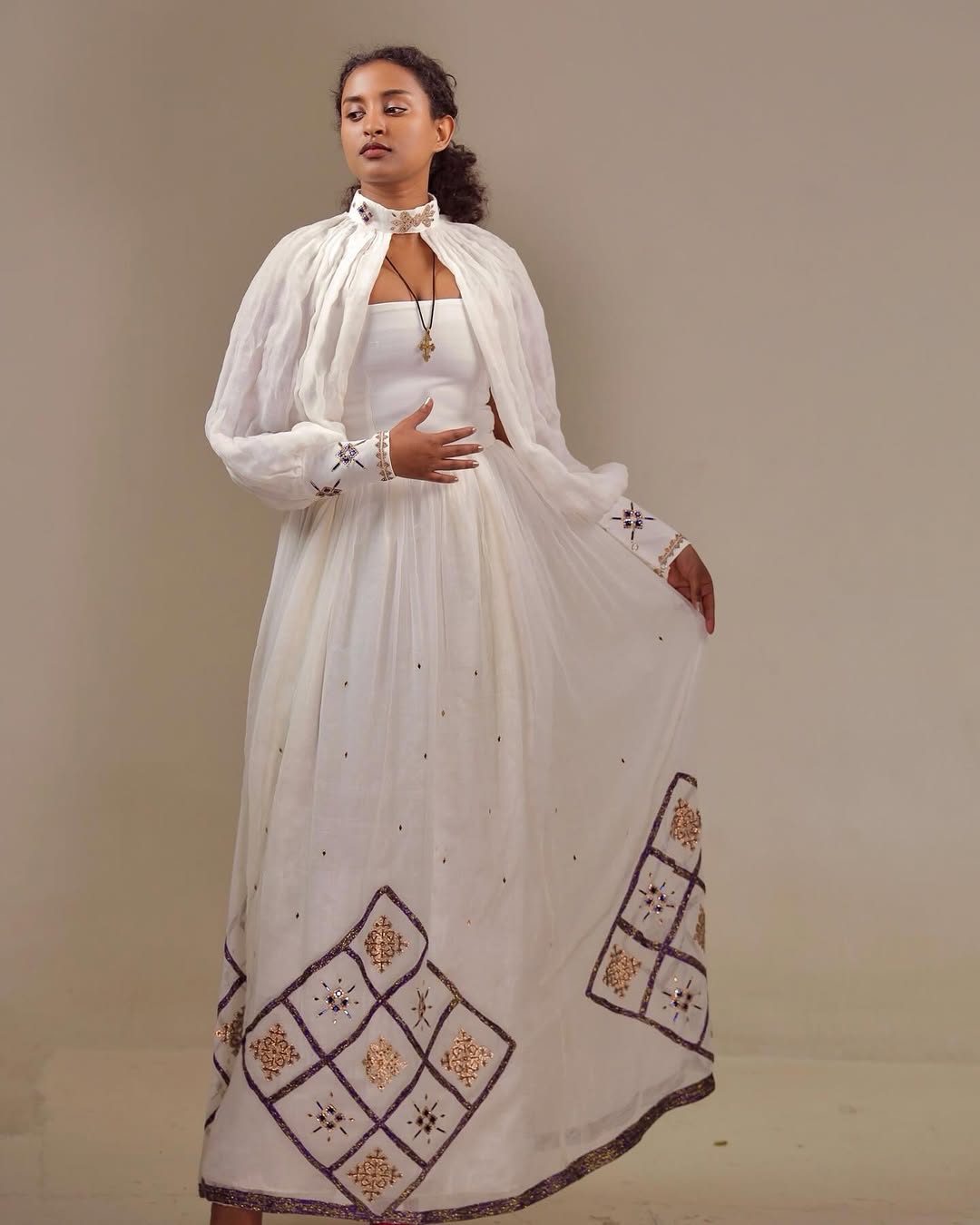 Divine White Ethiopian Traditional Dress: with High Neck Collar and Puffy Sleeves Habesha Dress Modern Habesha Kemis
