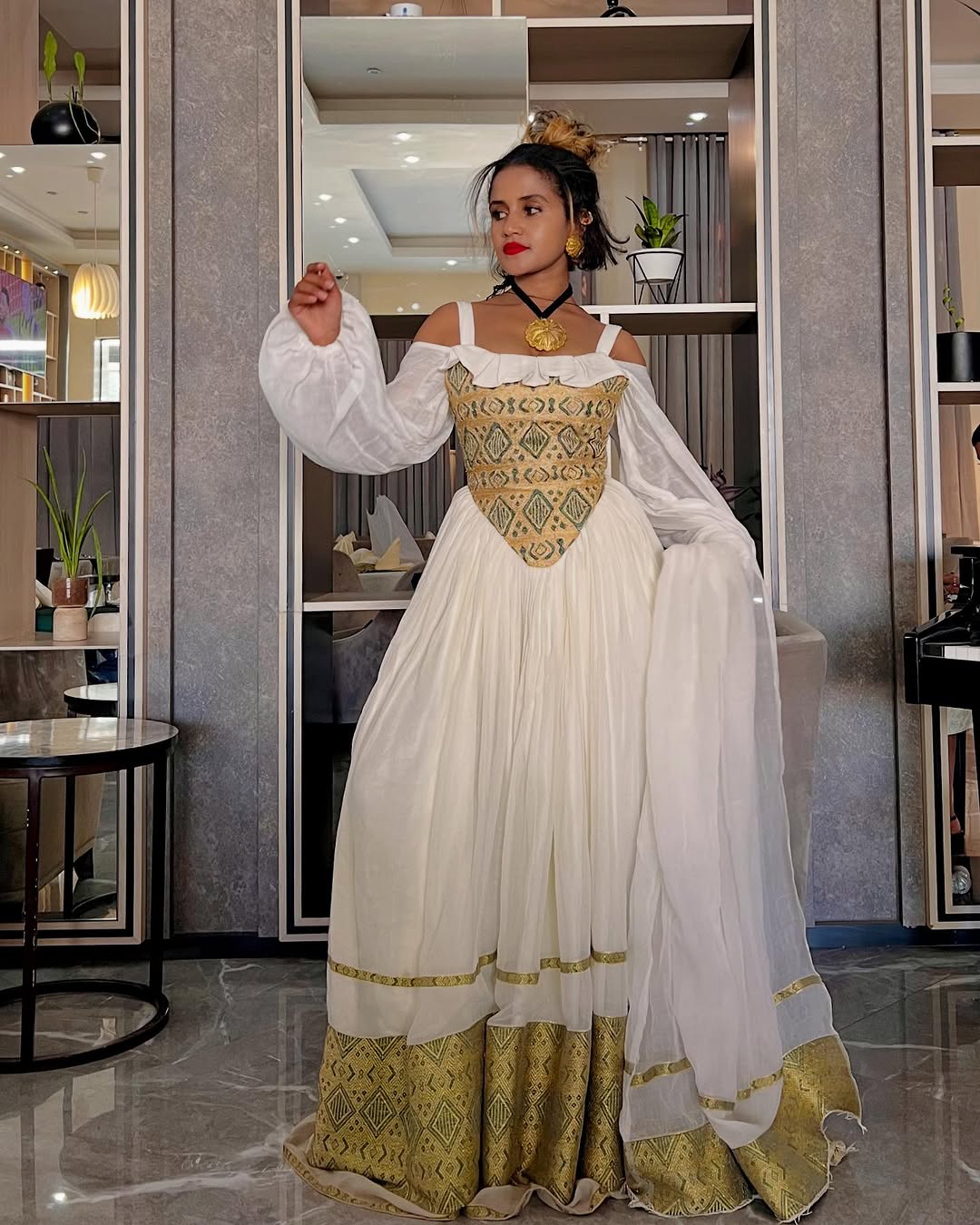 Vibrant Modern Traditional Ethiopian Dress: Off Shouldered Hand Embroidered Habesha Dress with Diamond Shaped Detailing Habesha Kemis