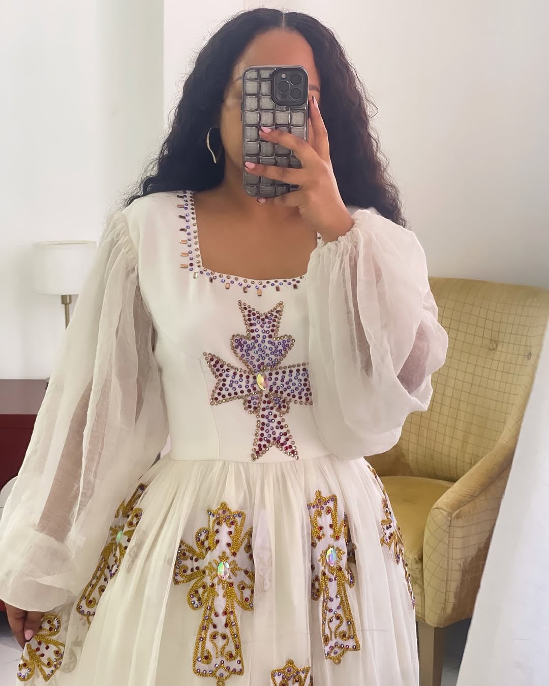 Elegant Cross Beaded Traditional Ethiopian Dress Closeup