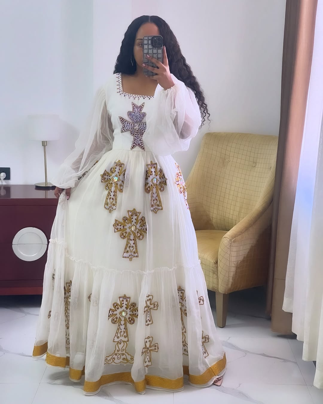 Elegant Cross Beaded Traditional Ethiopian Dress