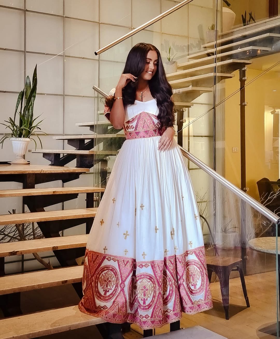 Refined Beauty in Hot Red Habesha Dress: Intricately Woven Traditional Ethiopian Dress Mesmerizing Eritrean Clothing