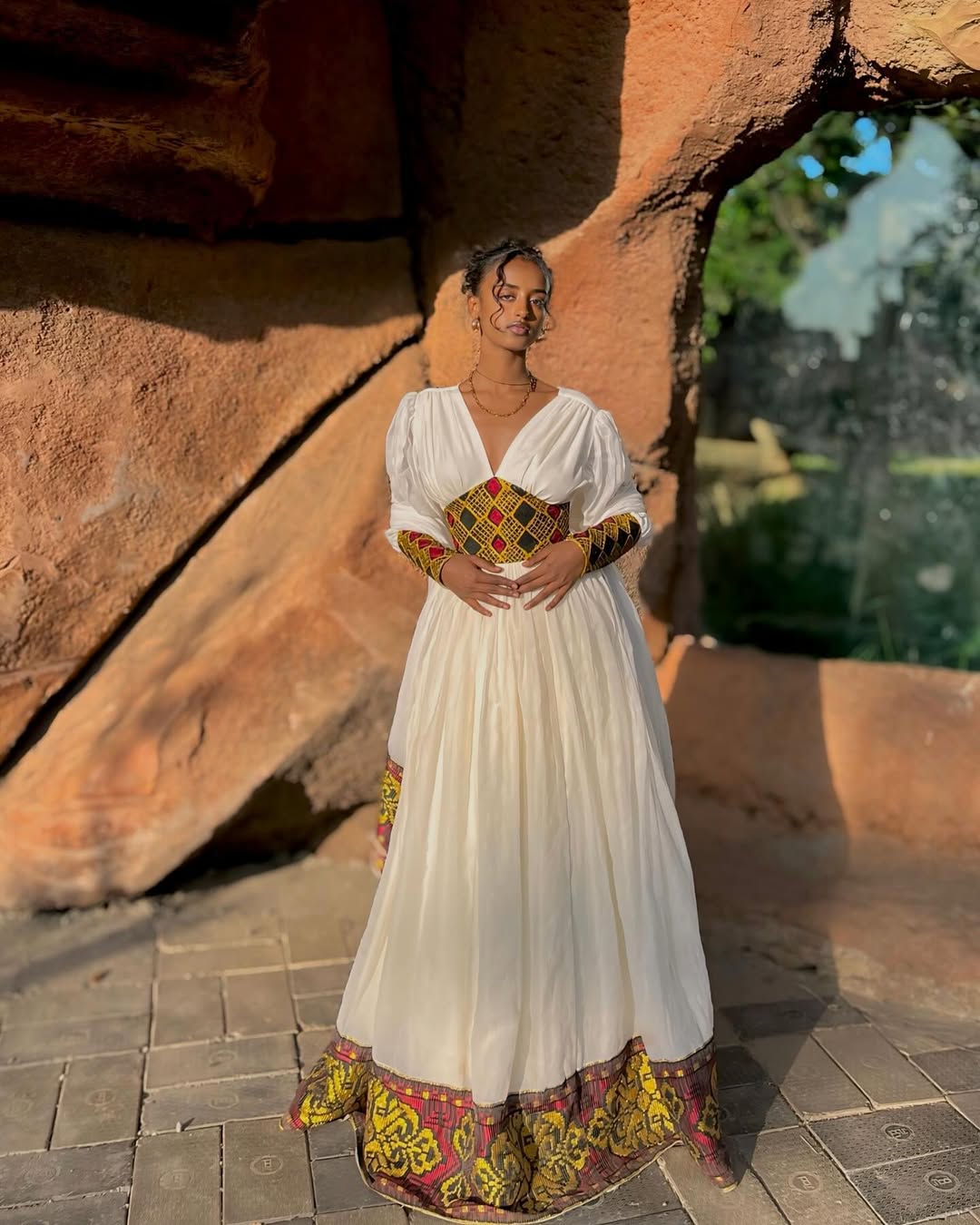 Divine Red and Golden Traditional Ethiopian Dress: Wide Neck and Hemline Embroidery Habesha Dress Elegant Habesha Kemis