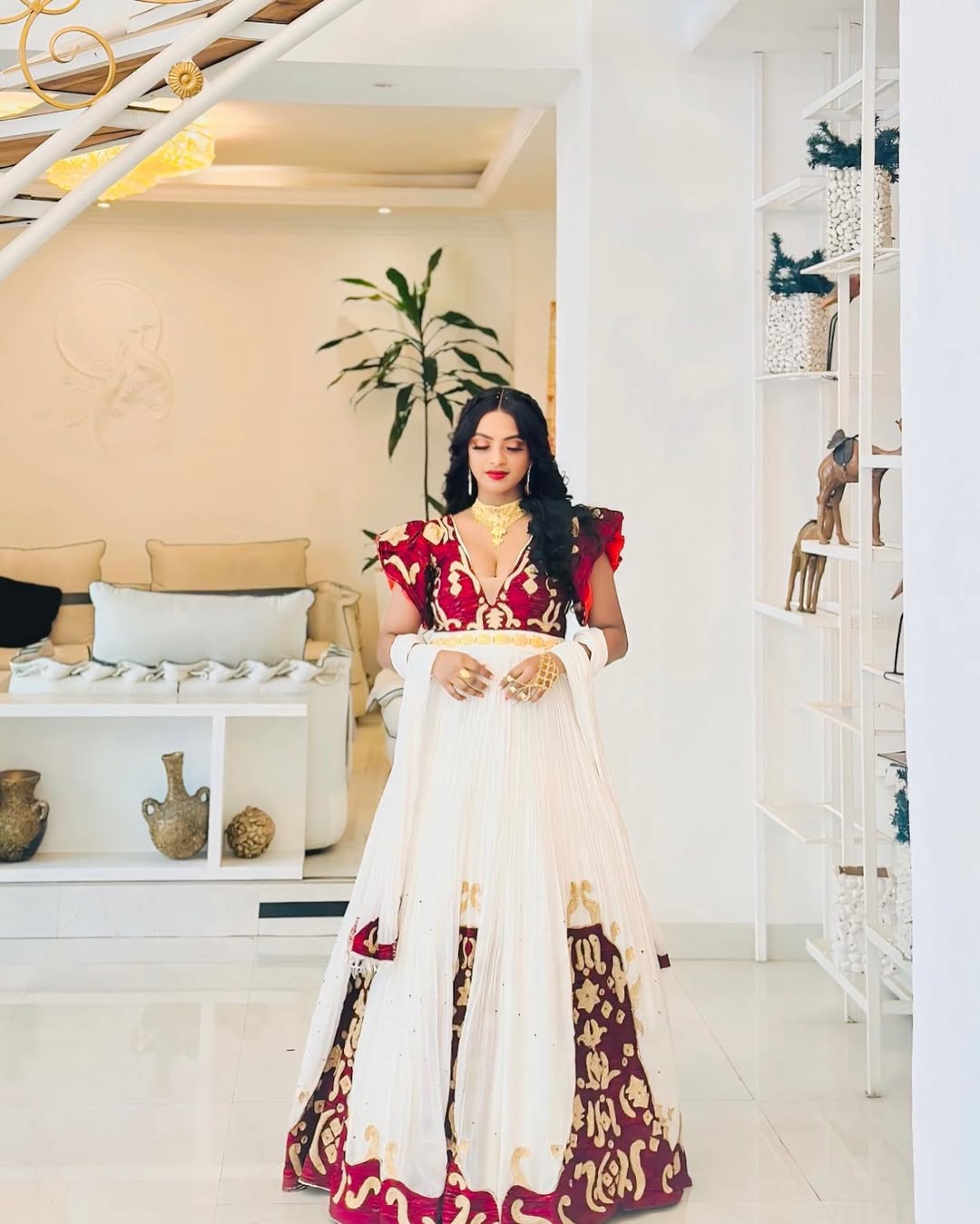 A Celestial Red Traditional Ethiopian Dress: Handstitched Golden Detailing Habesha Dress Beautiful Ethiopian Wedding Dress