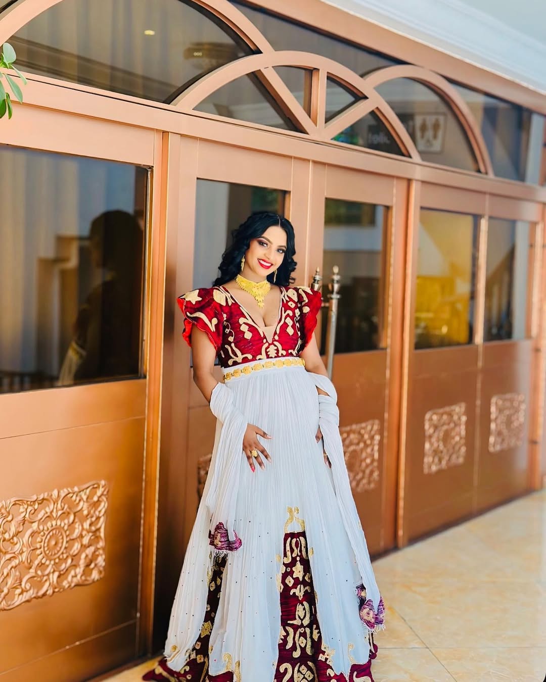 A Celestial Red Traditional Ethiopian Dress: Handstitched Golden Detailing Habesha Dress Beautiful Ethiopian Wedding Dress