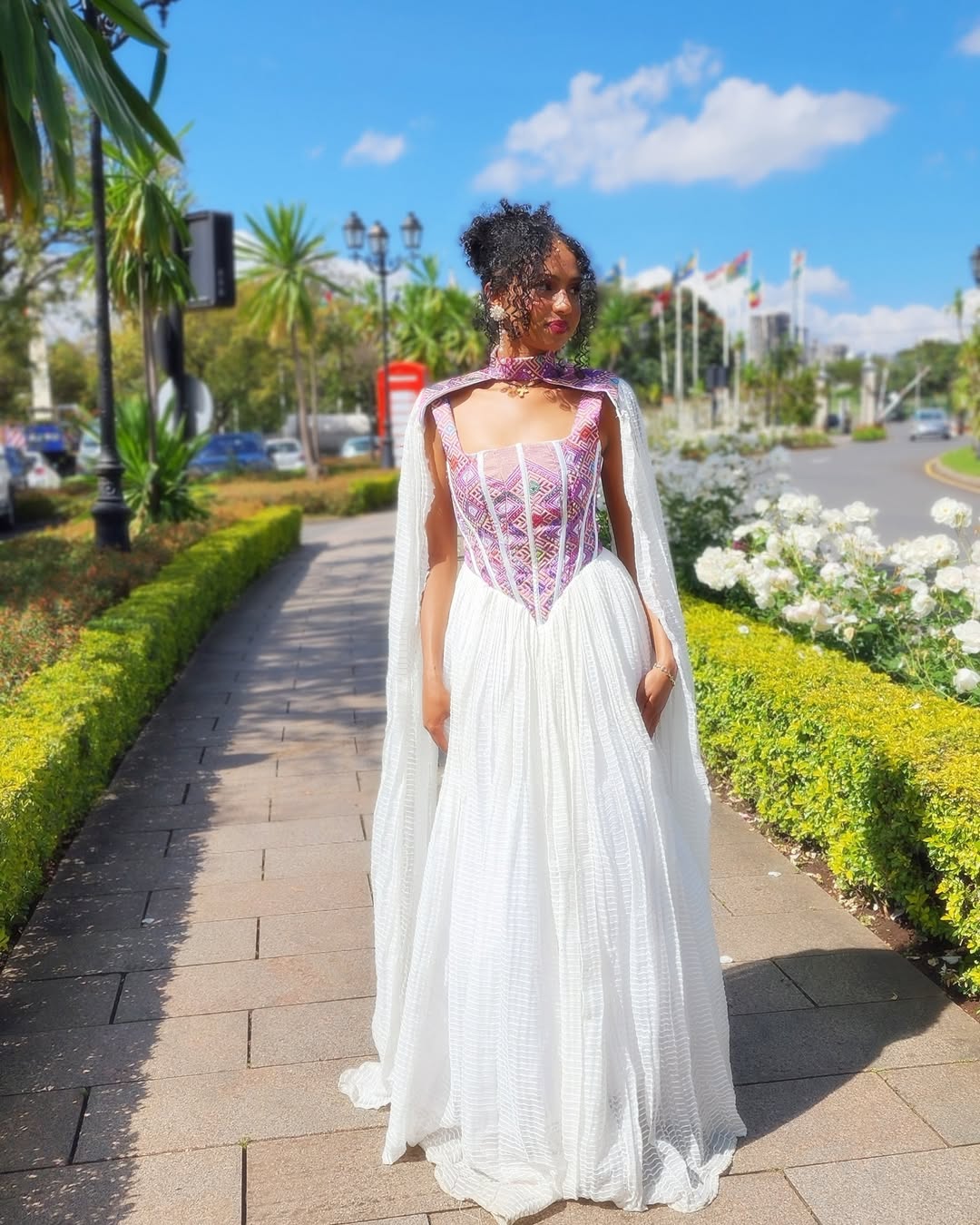 Dashing Flowy Sleeves Purple Traditional Ethiopian Dress: Backless