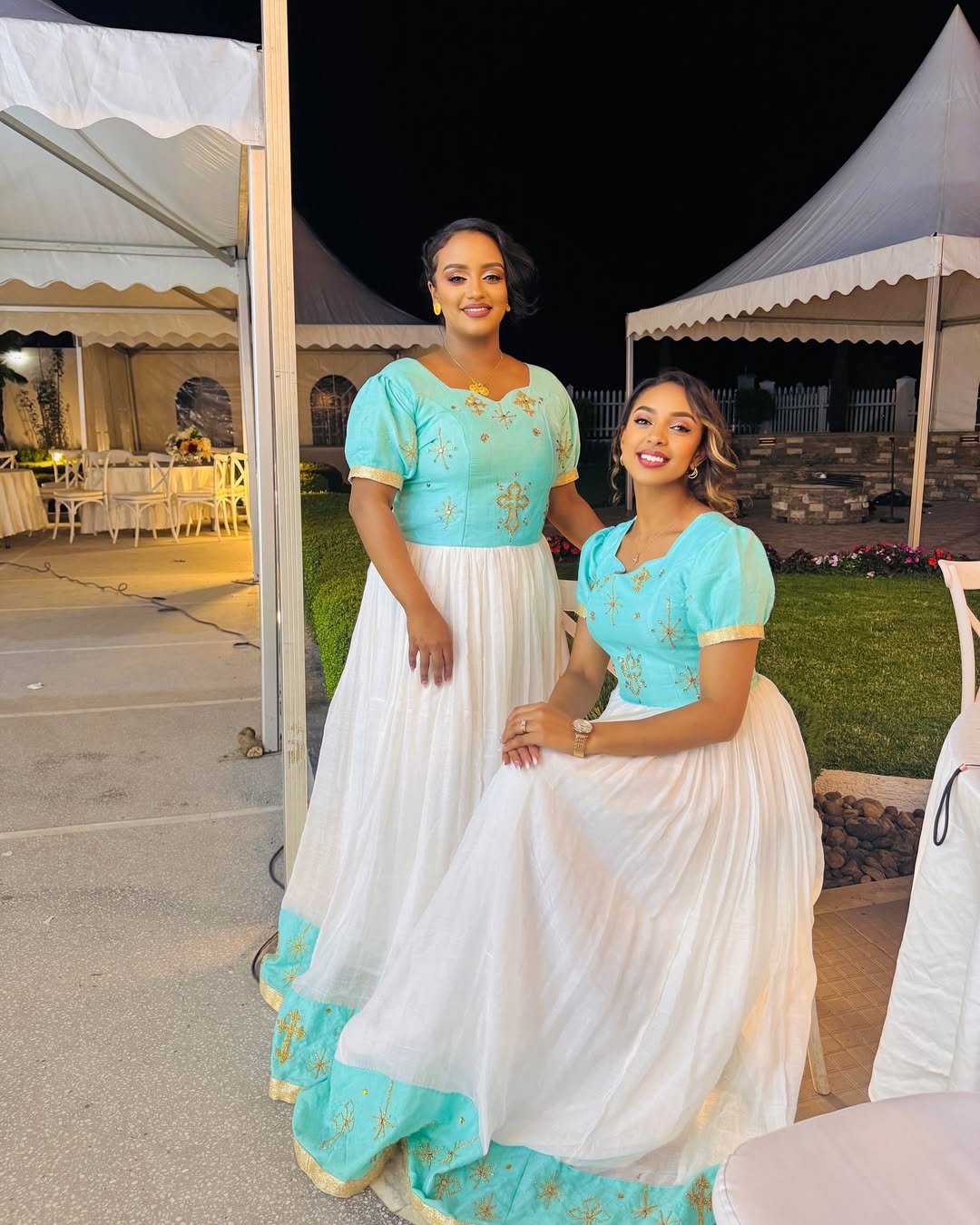 Striking Light Blue Ethiopian Dress: with Multiple Golden Crosses Habesha Dress for Holidays and Special Celebrations Habesha Kemis