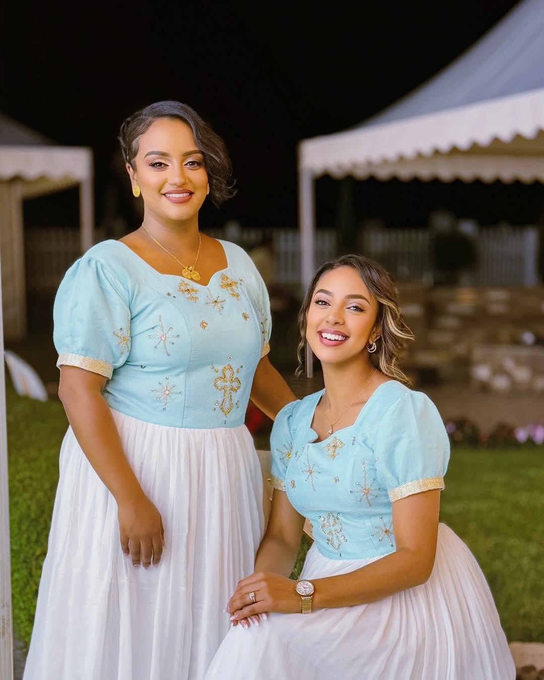 Striking Light Blue Ethiopian Dress: with Multiple Golden Crosses Habesha Dress for Holidays and Special Celebrations Habesha Kemis