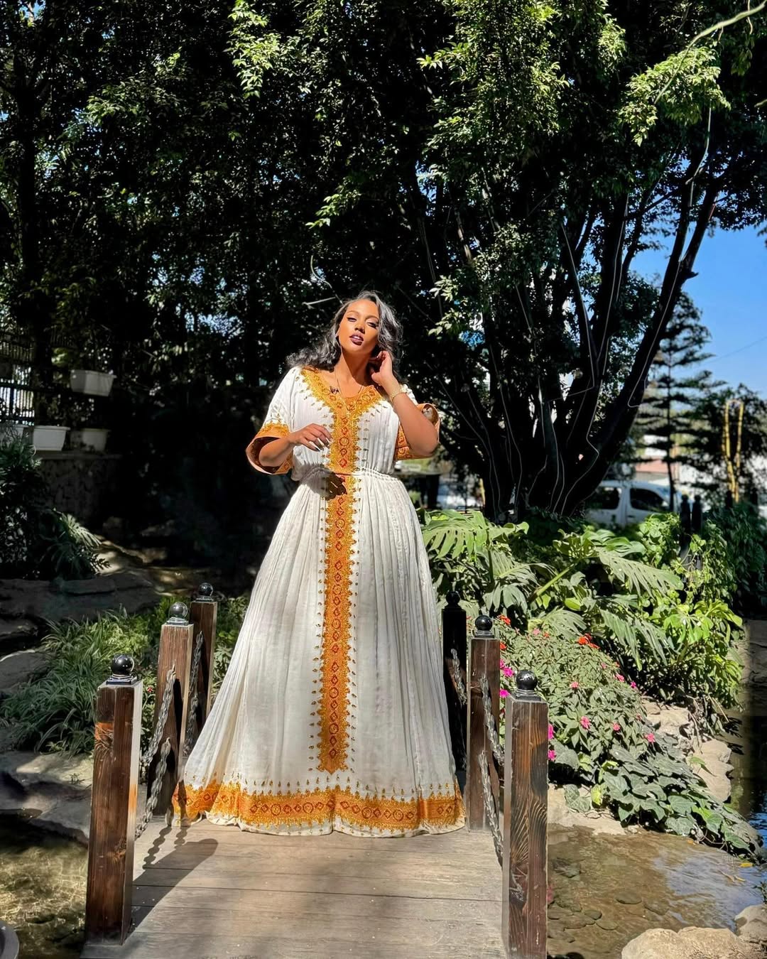 Lovely Yellowish Golden Traditional Ethiopian Dress: Red Geometrical Patterns Habesha Dress Cultural Ethiopian Clothing