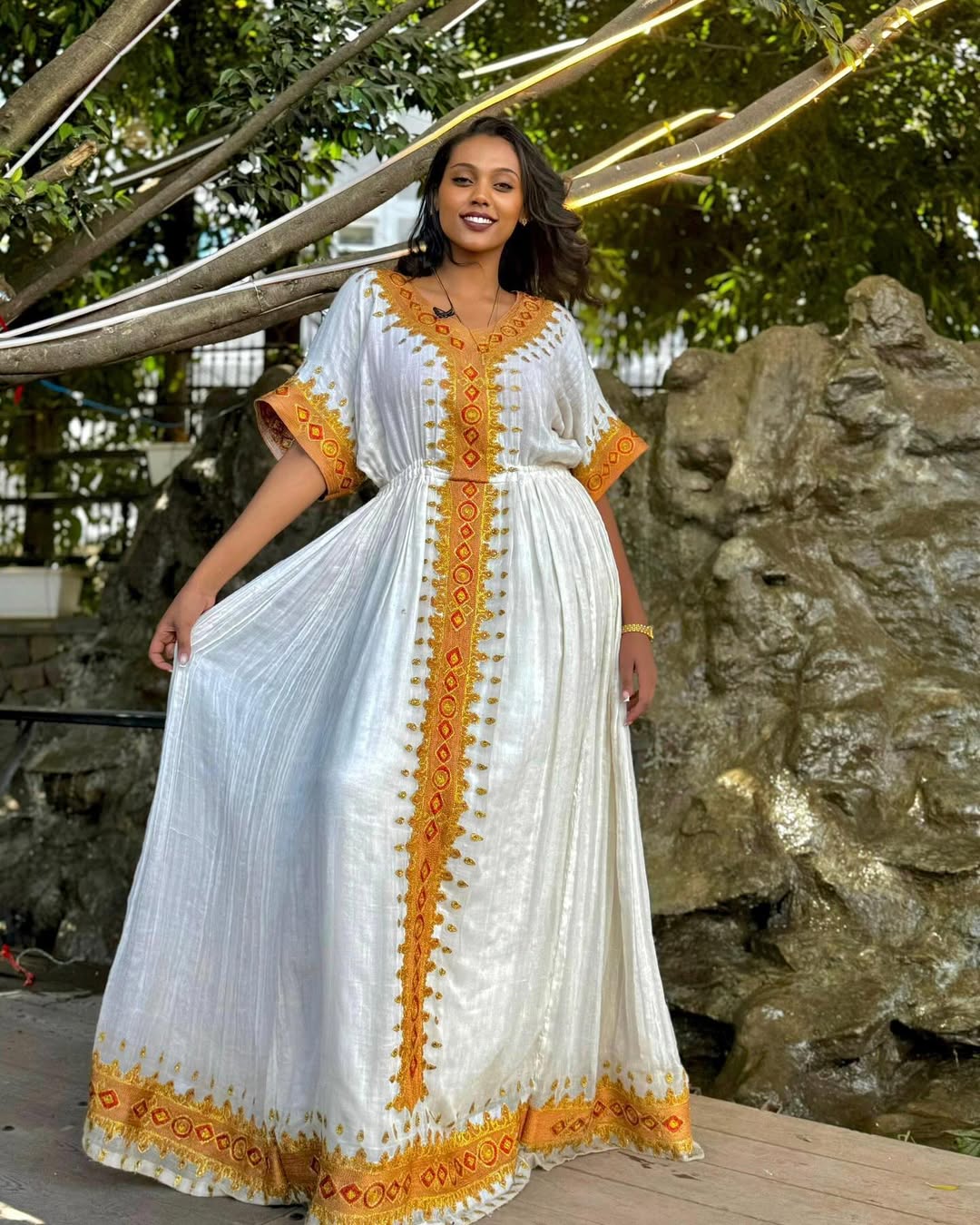 Lovely Yellowish Golden Traditional Ethiopian Dress: Red Geometrical Patterns Habesha Dress Cultural Ethiopian Clothing