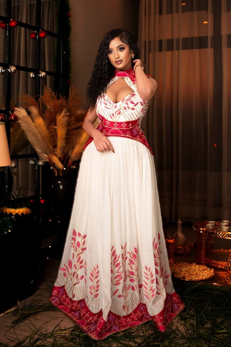 habesha dress red Red Tibeb Ethiopian Dress 2XL