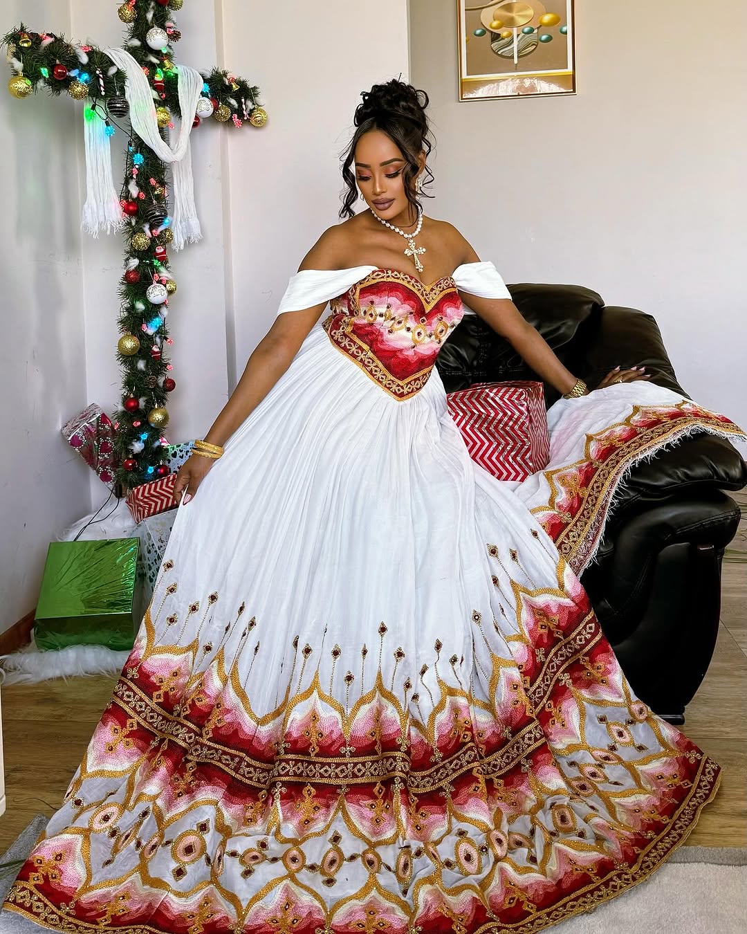 Divine Look with Dark Red Habesha Dress: Heart Shaped Neckline Traditional Ethiopian Dress Modern Detailing Habesha Kemis