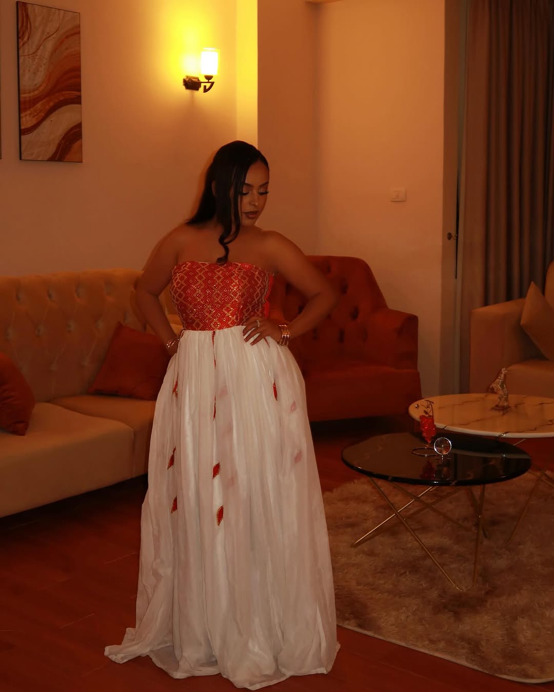 Contemporary Strapless Red Habesha Dress