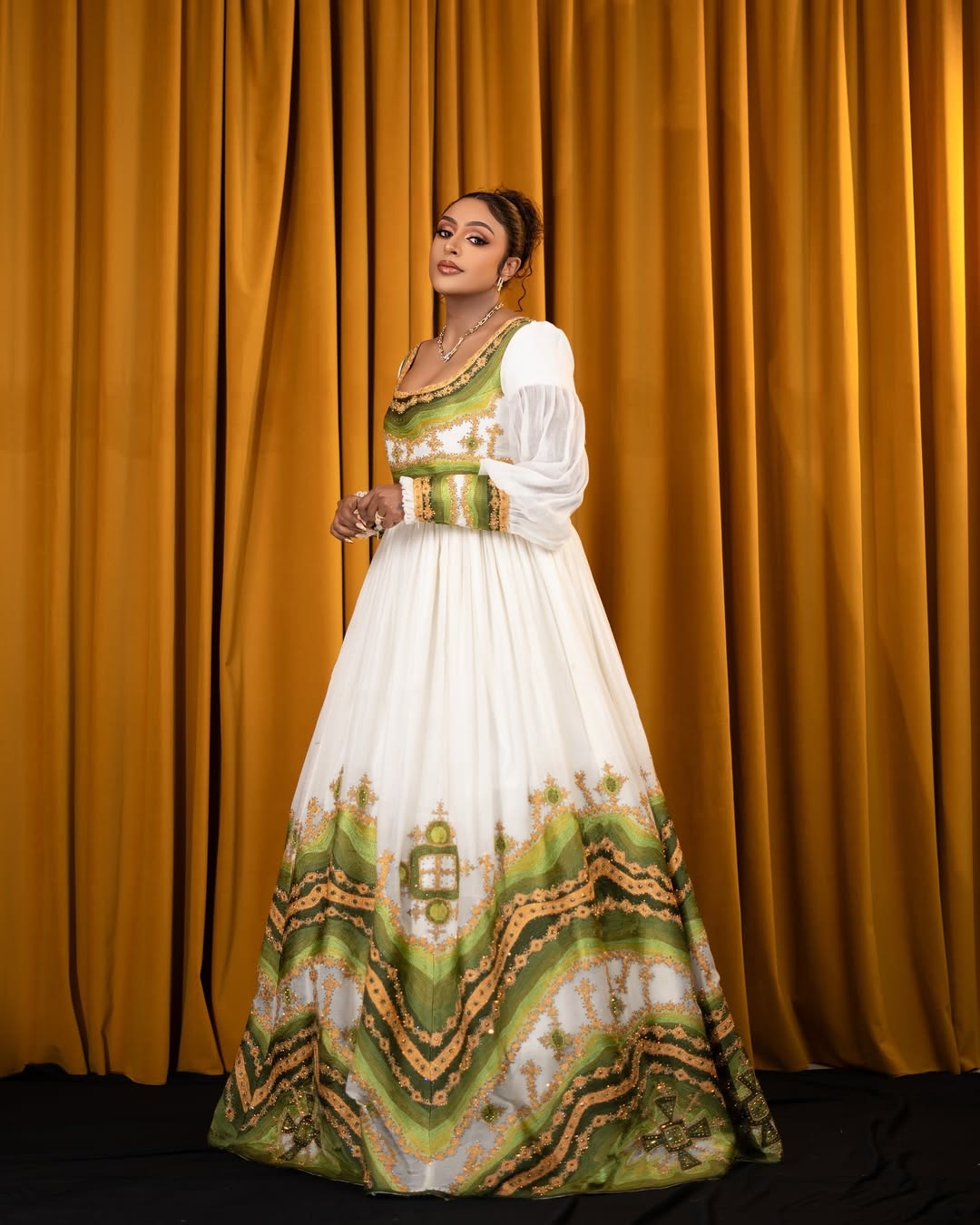 Classy Light Green Habesha Dress: with Golden Patterns Traditional Ethiopian Dress Elegant Habesha Kemis
