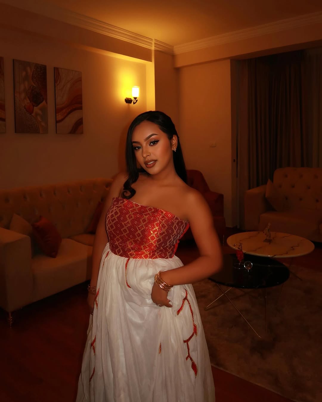 Contemporary Strapless Red Habesha Dress: with Simple Handknitted Embroidery Traditional Ethiopian Dress Modern Habesha Kemis