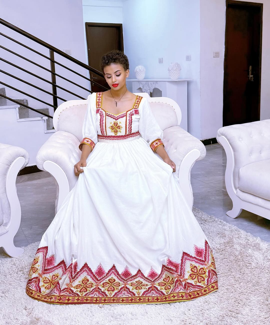 Eternal Beauty with Red Traditional Ethiopian Dress: Handmade Embroidery Habesha Dress Designed for Grand Occasions Habesha Kemis