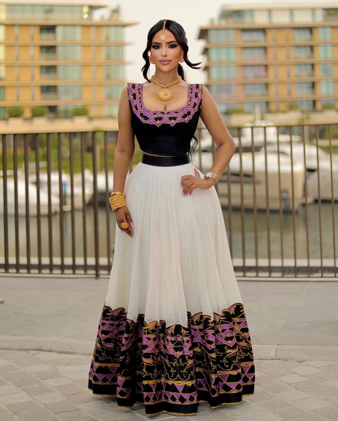 Dashing Dark Top and Skirt Set Habesha Dress: with Purple and Golden Embroidery Traditional Ethiopian Dress Pretty Habesha Kemis