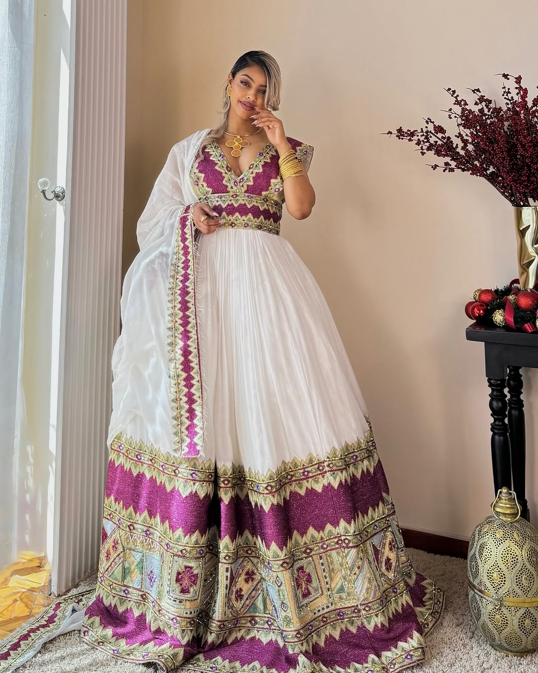 Fashionable Purple and Gray Traditional Ethiopian Dress